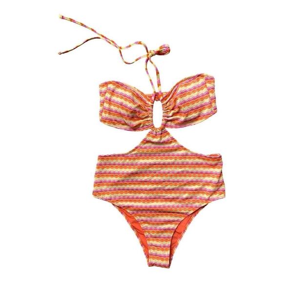 NWOT Aerie Striped Jaquard Cut Out Halter One Piece Small - Picture 3 of 10